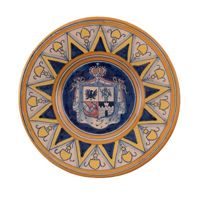 Piattino in Maiolica Gialla e Blu con Stemma Araldico