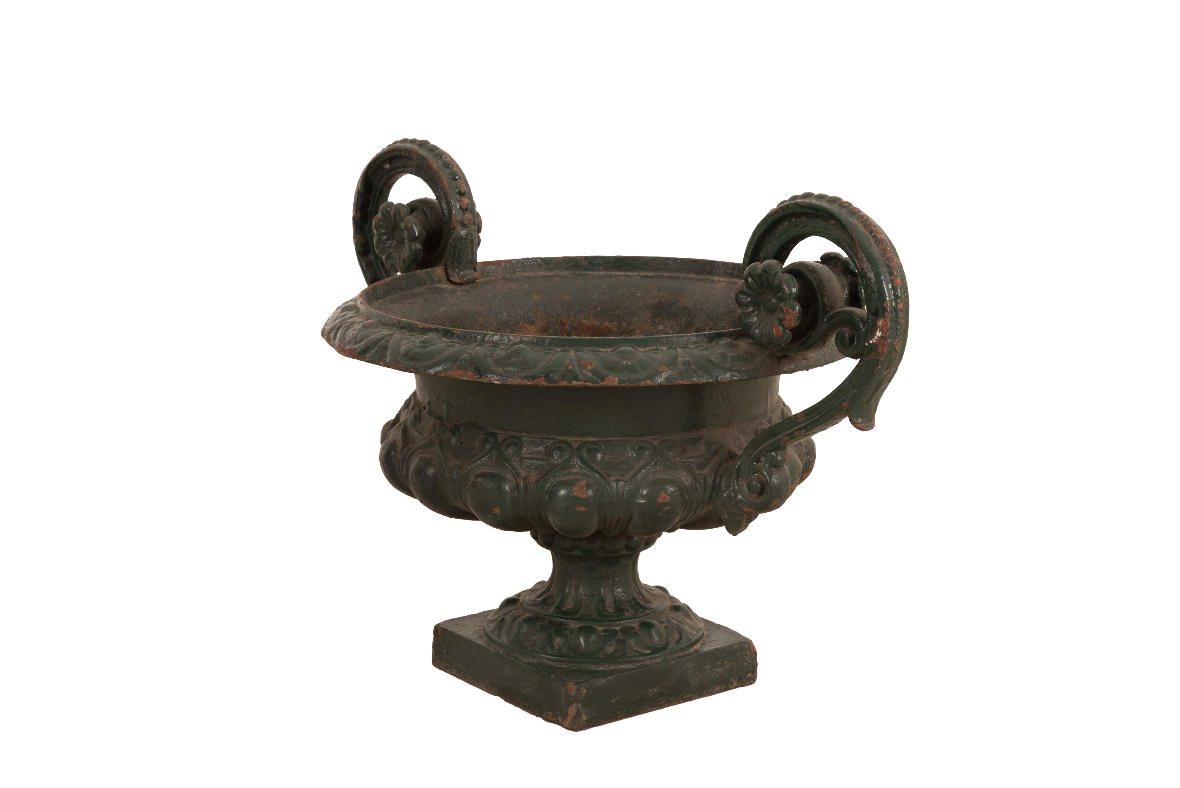 Grande vaso a cratere in metallo dipinto in verde