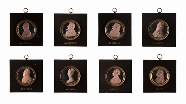 Lotto di 8 miniature in cera con profili Re di Svezia