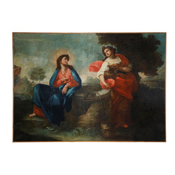 Grande dipinto "Gesù e la Samaritana al pozzo" - Scuola Romana - Fine XVII secolo Inizi XVIII secolo