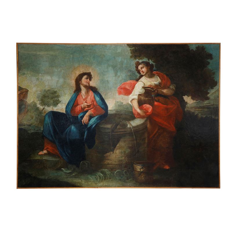 Grande dipinto "Gesù e la Samaritana al pozzo" - Scuola Romana - Fine XVII secolo Inizi XVIII sec...