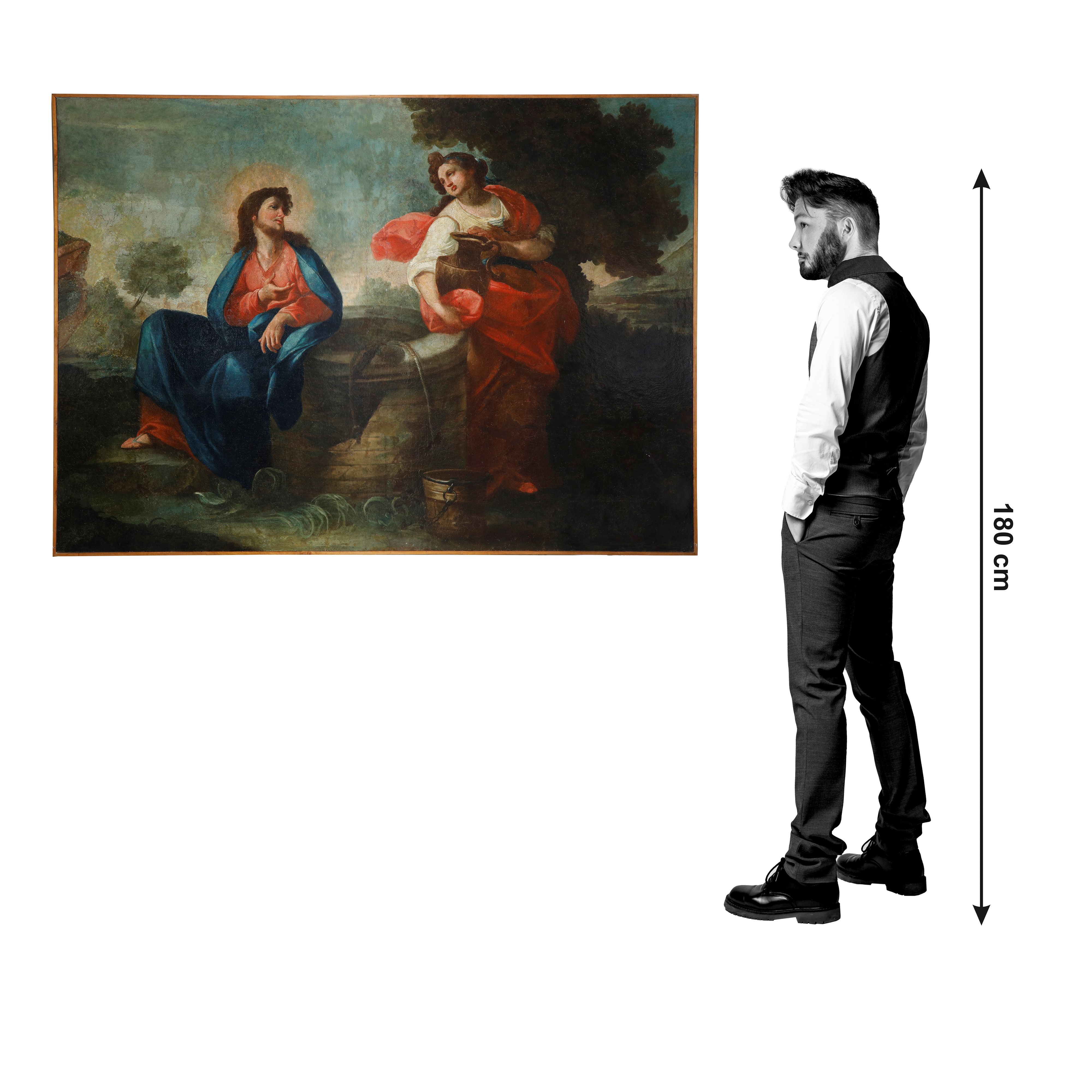Grande dipinto "Gesù e la Samaritana al pozzo" - Scuola Romana - Fine XVII secolo Inizi XVIII sec...
