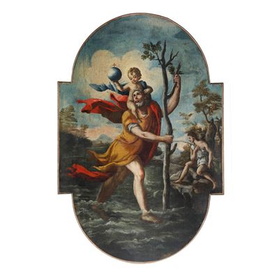 San Cristoforo che guada il fiume con Gesù bambino, olio su tela, XVII secolo, Italia centrale