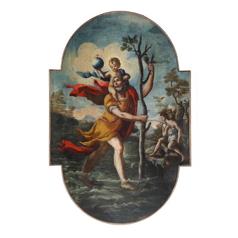 San Cristoforo che guada il fiume con Gesù bambino, olio su tela, XVII secolo, Italia centrale