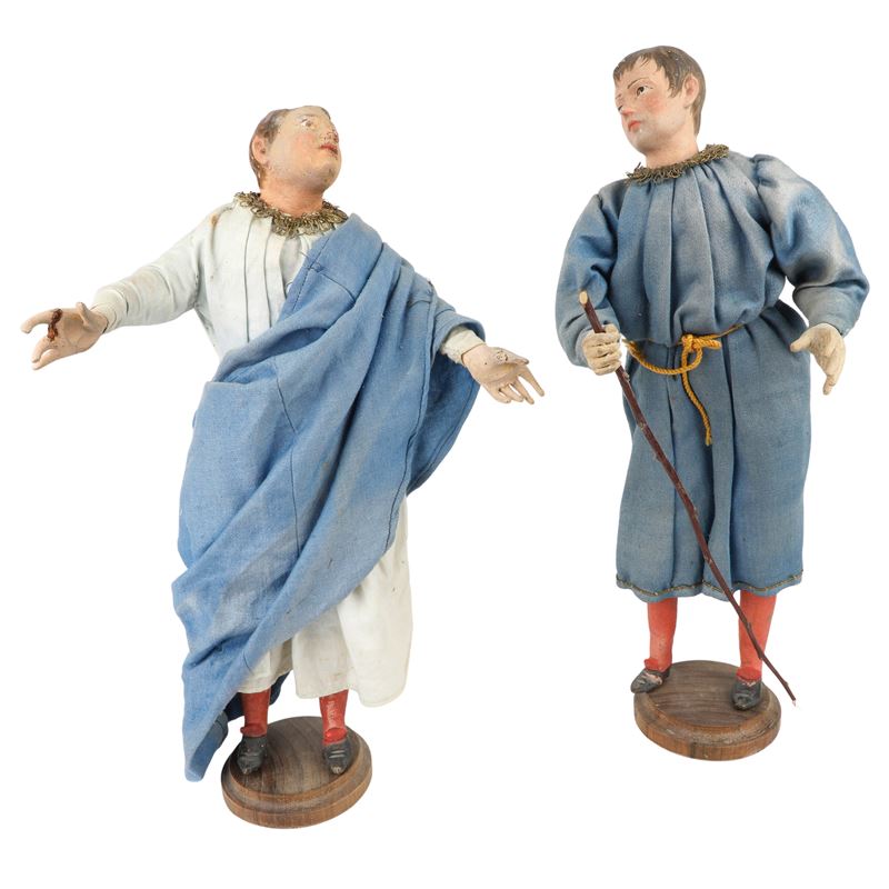 Scultore anonimo, Due pastori in veste azzurra, terracotta e ceramica, FINE XVIII - INIZIO XIX se...