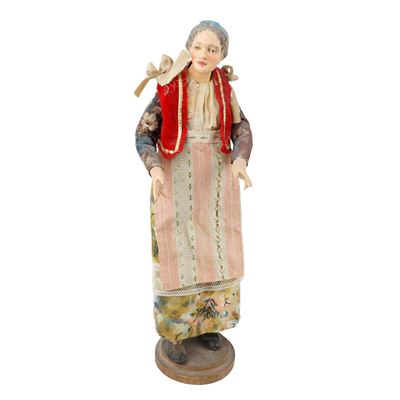 Scultore anonimo, Donna con frontino e gilet rosso - Napoli, scultura in terracotta e ceramica po...