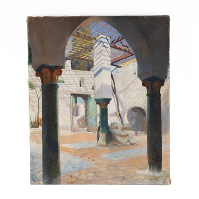 Leggendo il Corano nel cortile di una moschea, olio su tela