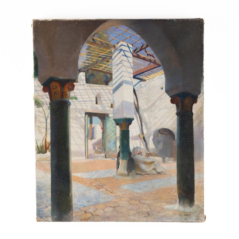 Paul Alexandre Alfred Leroy - Leggendo il Corano nel cortile di una moschea, olio su tela