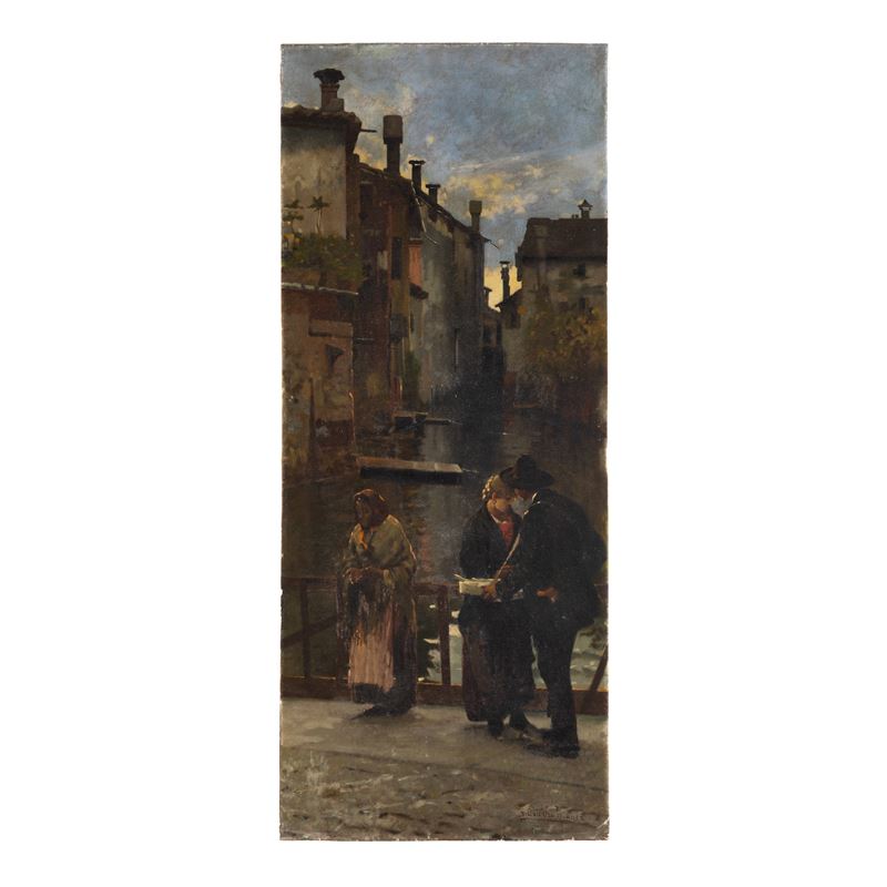 A. Dall'oca Bianca, Scorcio di canale veneto con personaggi sul pontile, olio su tela