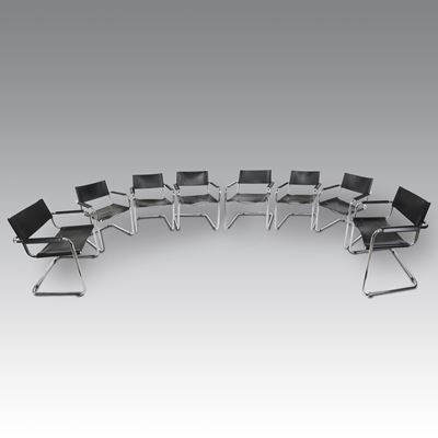 Mart Stam per Thonet, Otto sedie in pelle, modello S34 con braccioli