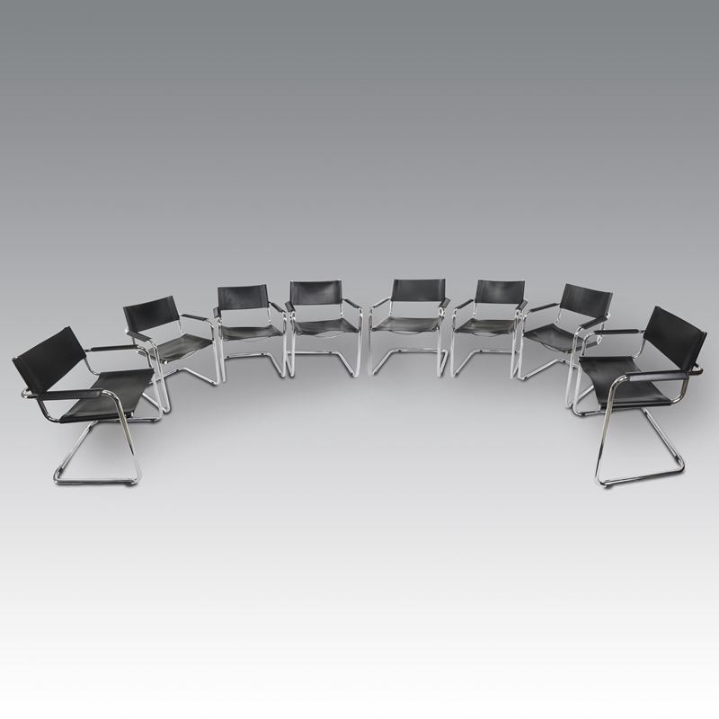 Mart Stam per Thonet, Otto sedie in pelle, modello S34 con braccioli