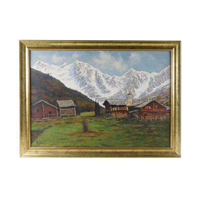 Paesaggio alpino con baite e campanile, olio su compensato