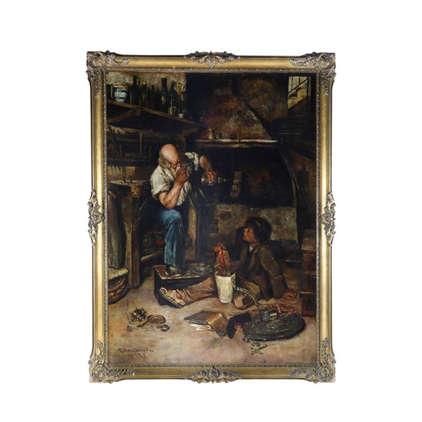 Dipinto di artigiano con ragazzo di bottega seduto a terra