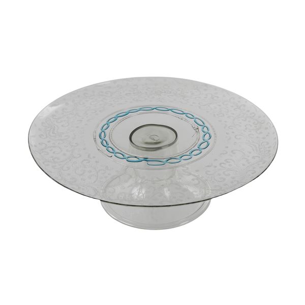 Alzata centrotavola in vetro sottilissimo con decori floreali e particolari azzurri