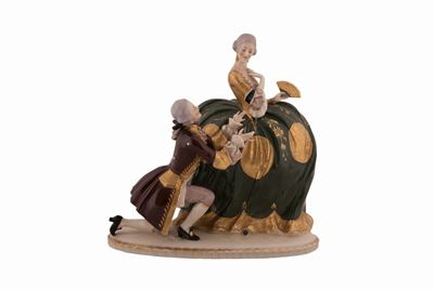 Scultura in Porcellana Dipinta Capodimonte Raffigurante Scena di Corteggiamento