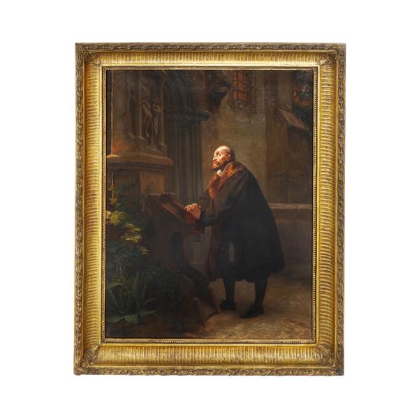 Bernardo Celentano - Grande dipinto raffigurante Torquato Tasso in preghiera con cornice dorata coeva