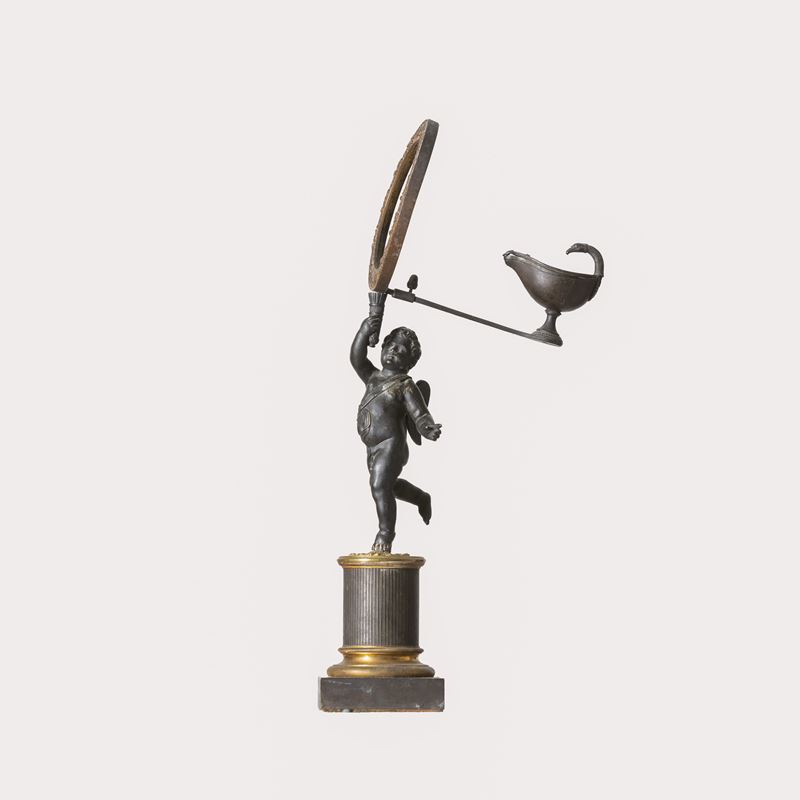 Putto Portalampada in Bronzo Brunito