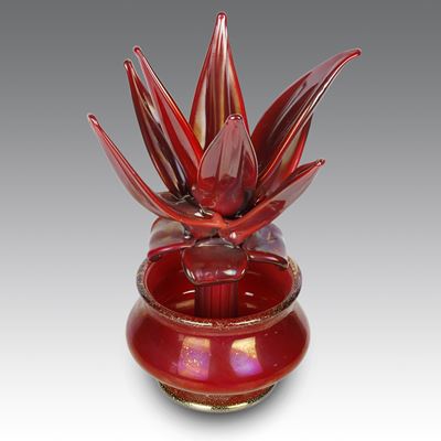 Vaso “pianta grassa” in vetro rosso iridato e dorato