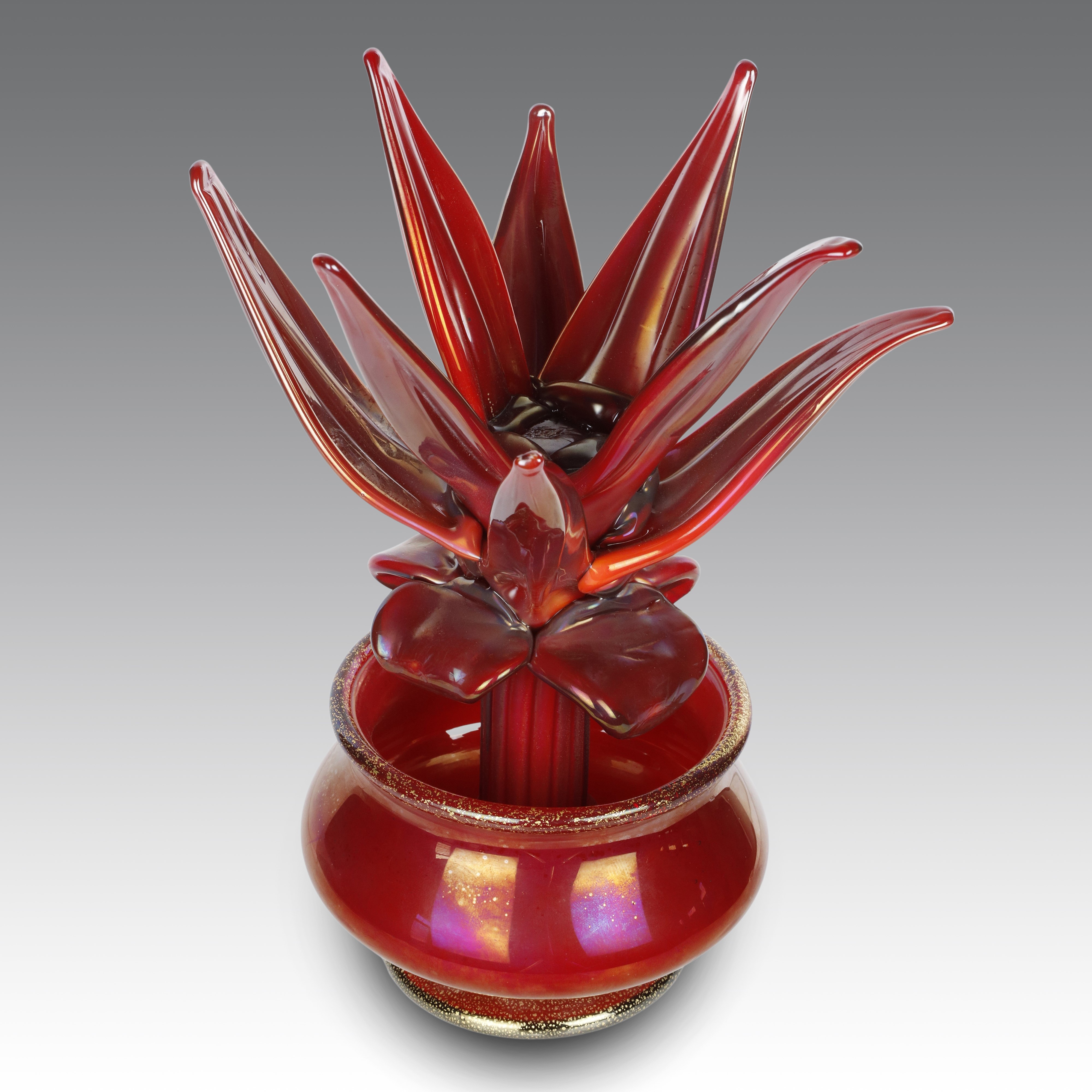 Napoleone Martinuzzi - Vaso “pianta grassa” in vetro rosso iridato e dorato
