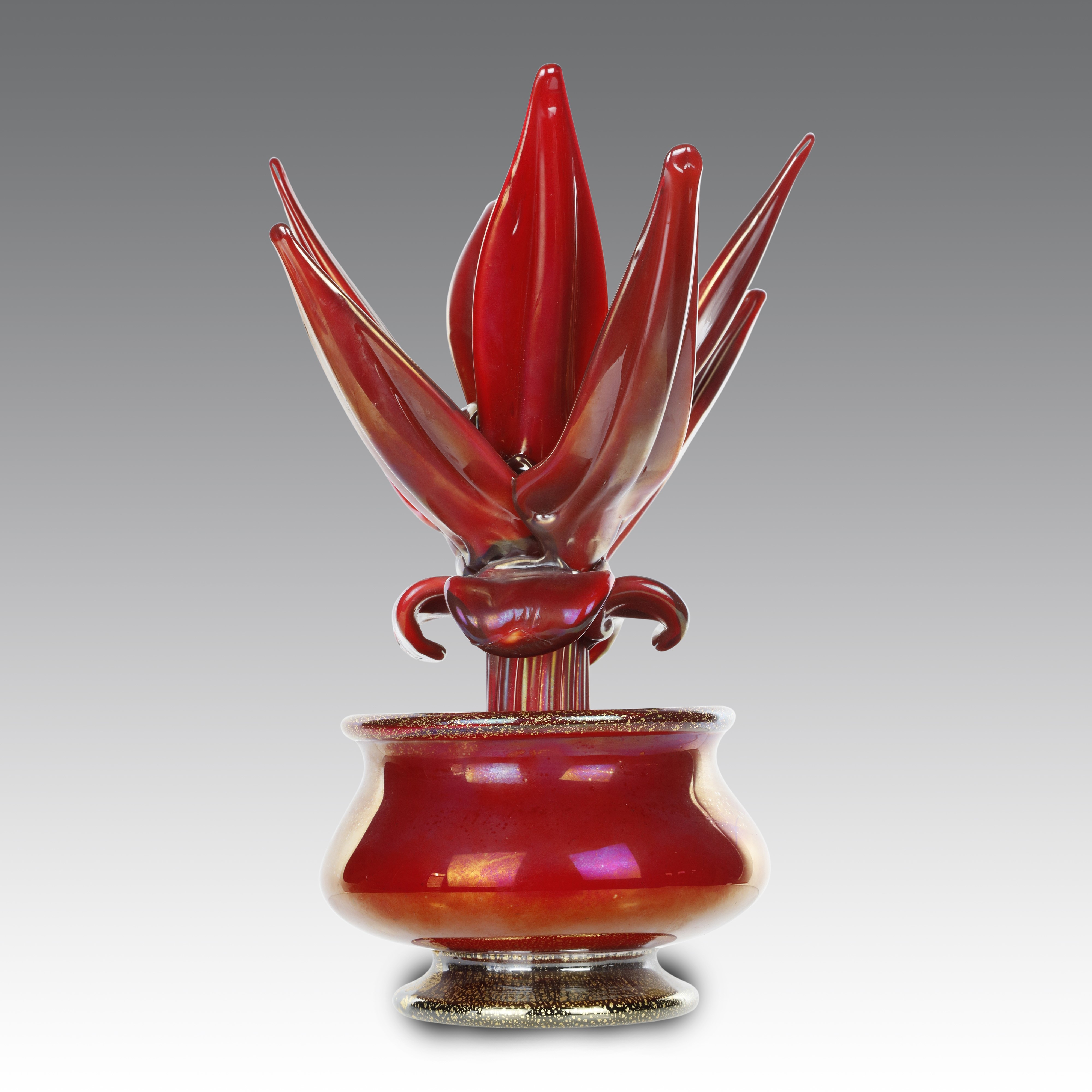 Napoleone Martinuzzi - Vaso “pianta grassa” in vetro rosso iridato e dorato