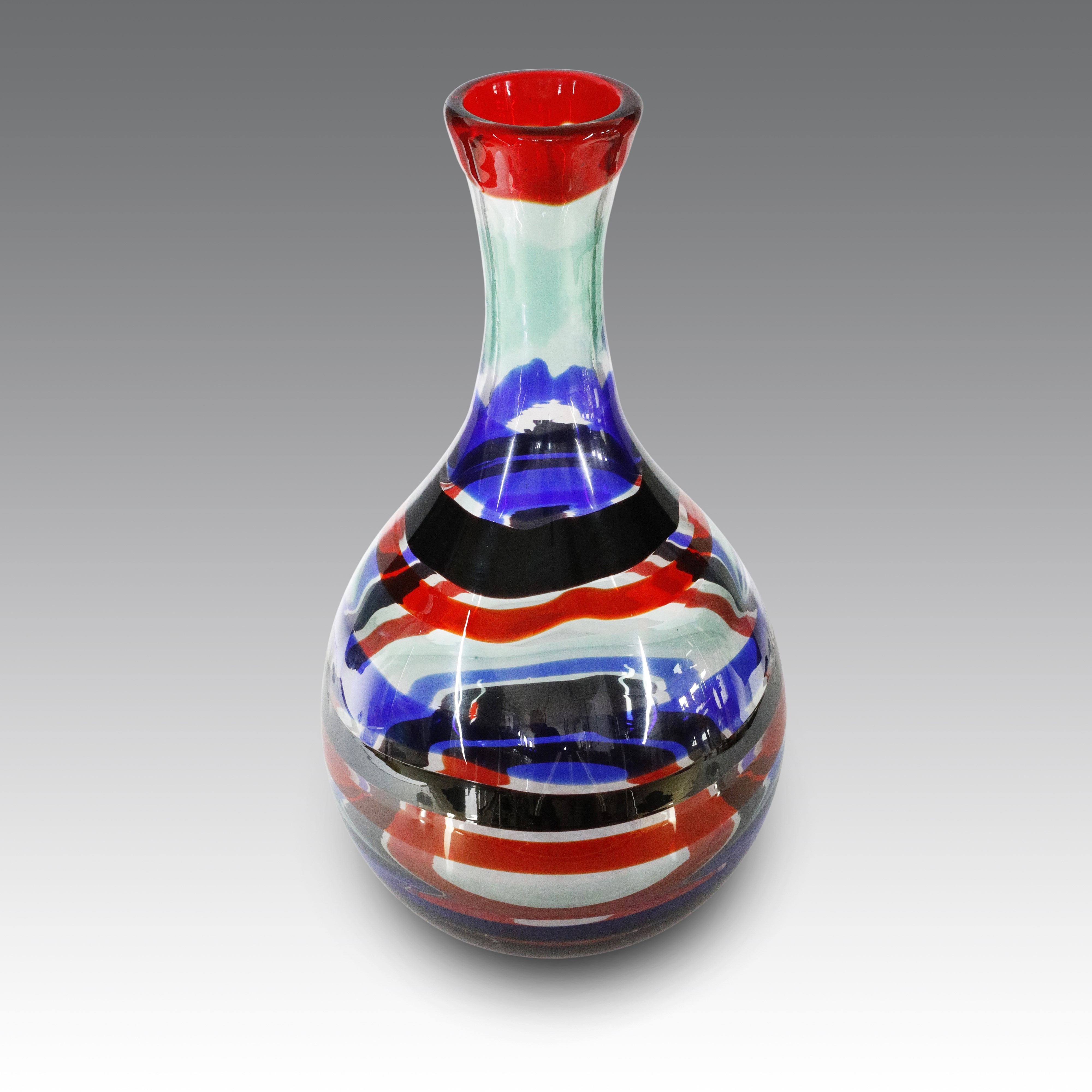 Fulvio Bianconi - Vaso a goccia modello “1522” (serie “Fasce”), vetro soffiato con canne policrom...