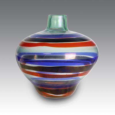 Vaso a sferico schiacciato con collo a cilindro, vetro soffiato “a fasce” (Venini & C.), 1958