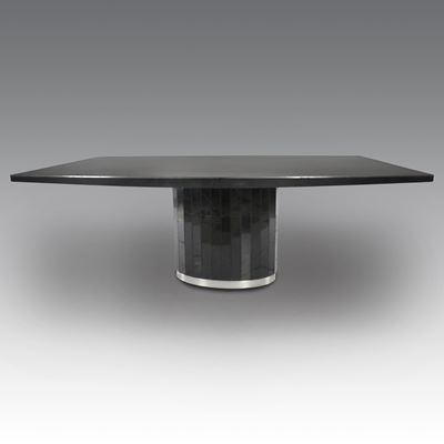 Tavolo mod. TP-Elliptique, struttura e piano in marmo con profili in acciaio spazzolato