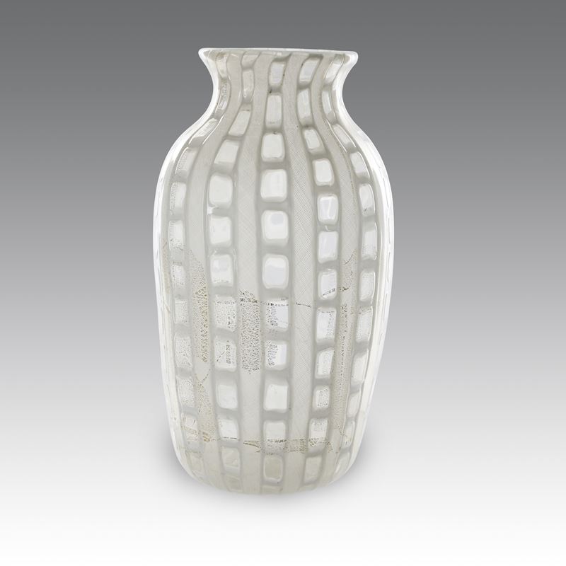 Ercole Barovier - Vaso in vetro trasparente decorato con occhi lattimo e rigature in vetro zanfir...