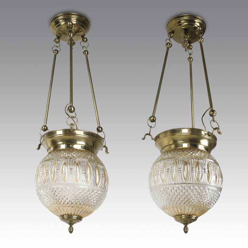 Lorenzo Mongiardino - Coppia di lampade da soffitto con diffusori a sfera in vetro di Empoli