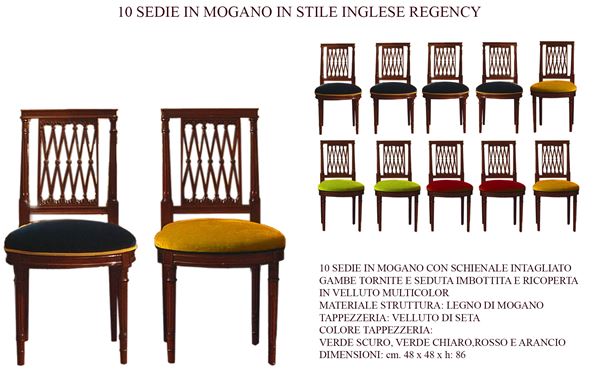 Dieci sedie in mogano in stile inglese Regency
