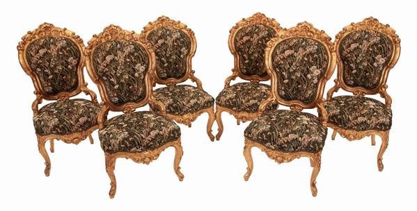 6 sedie dorate con schienale e seduta rivestiti in tessuto decorato a motivi floreali