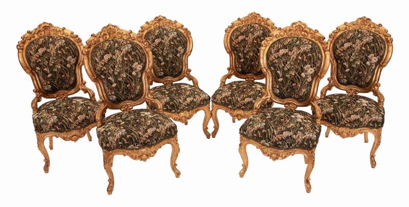 6 Sedie Dorate con Schienale e Seduta Rivestiti in Tessuto Decorato a Motivi Floreali