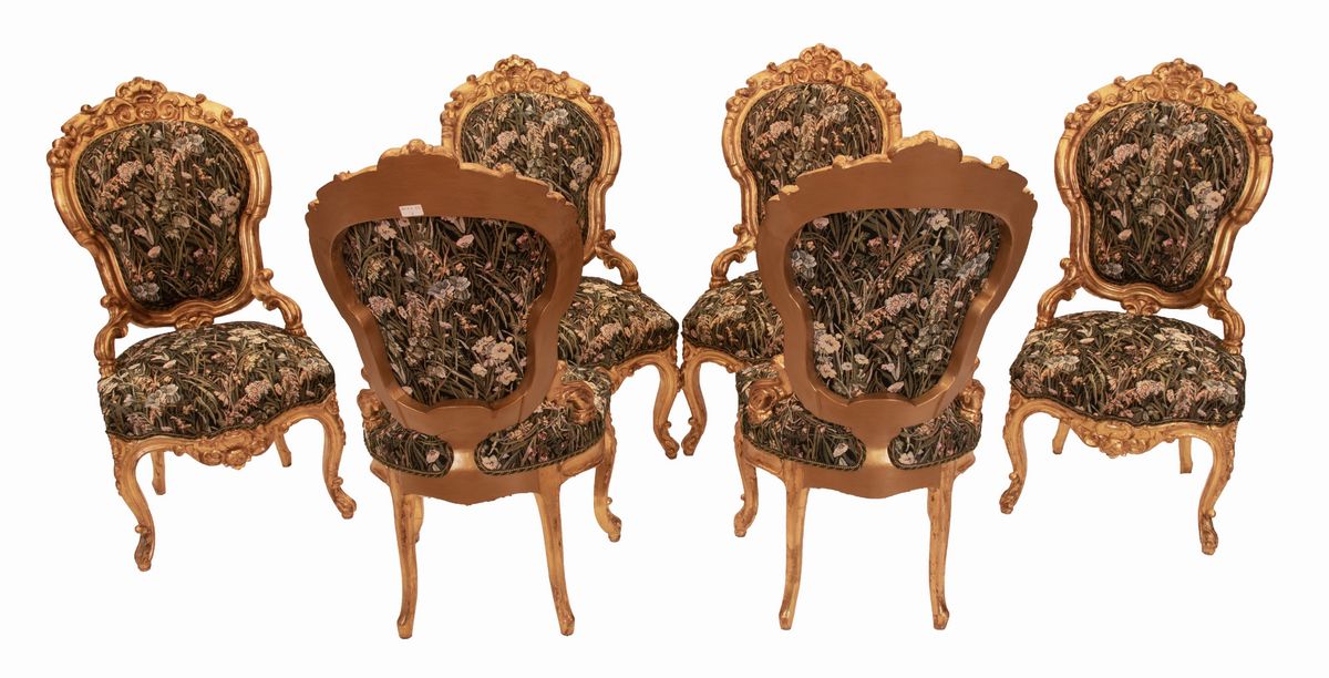6 Sedie Dorate con Schienale e Seduta Rivestiti in Tessuto Decorato a Motivi Floreali