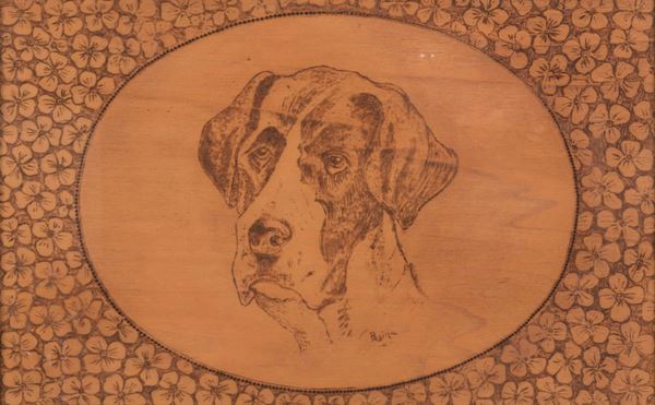 Tarsia in legno raffigurante cane