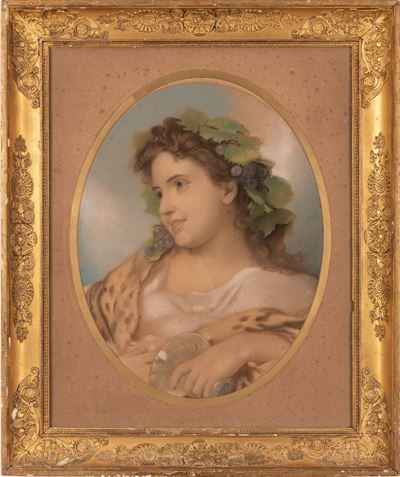 Dipinto Ovale Raffigurante Fanciulla con Tralcio di Vite