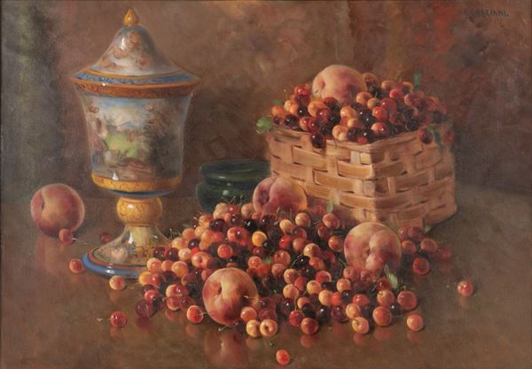 Alfio Graziani - Natura morta con ciliegie, pesche e vaso