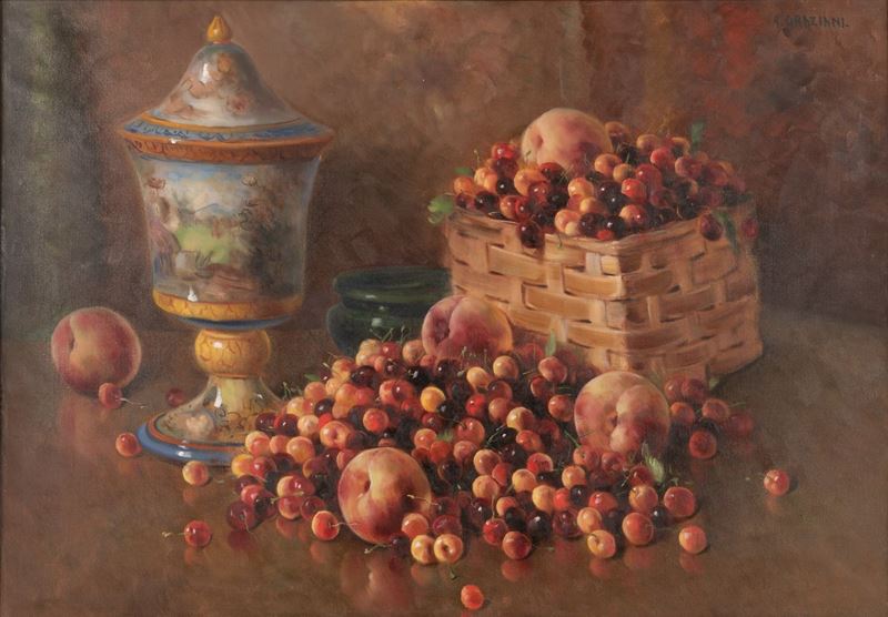 Alfio Graziani - Natura Morta con Ciliegie, Pesche e Vaso