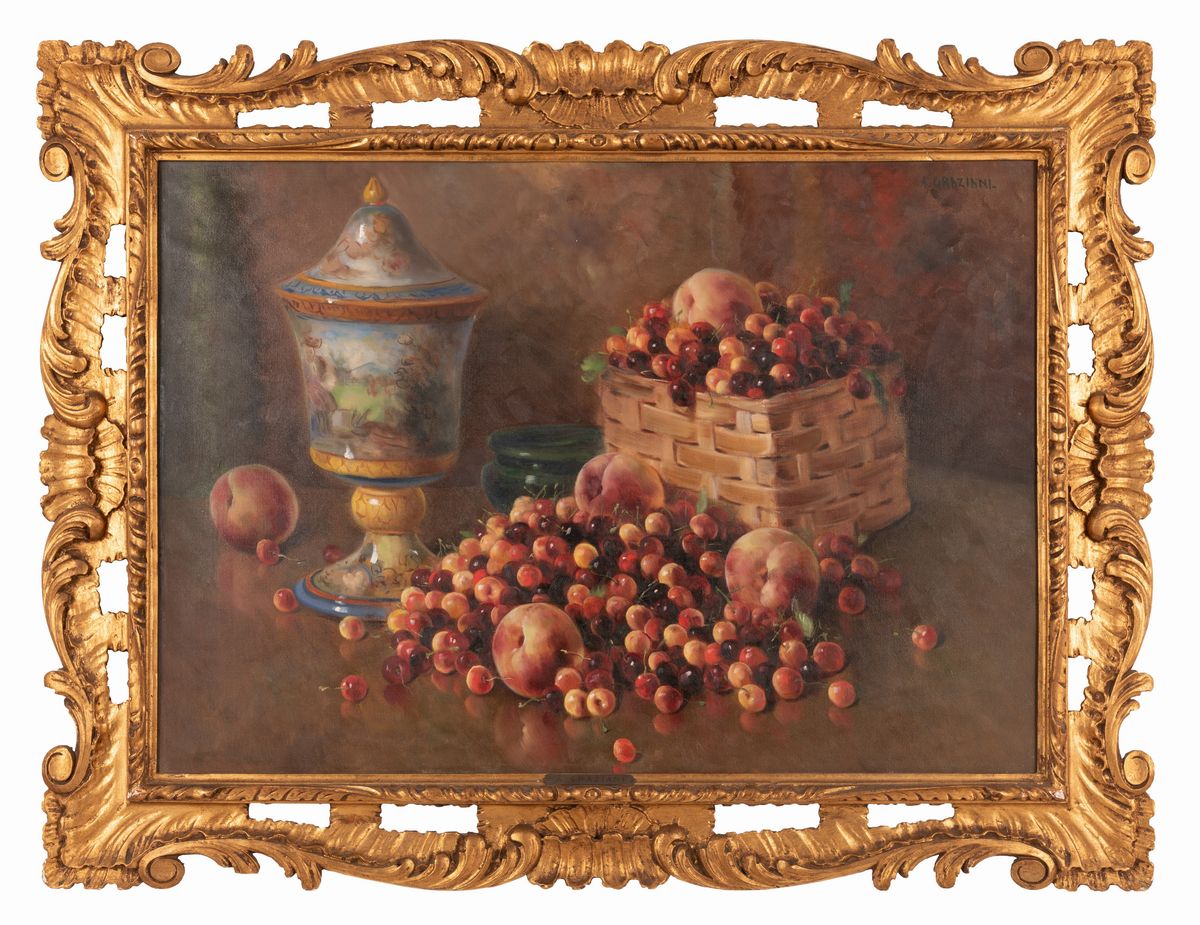 Alfio Graziani - Natura Morta con Ciliegie, Pesche e Vaso