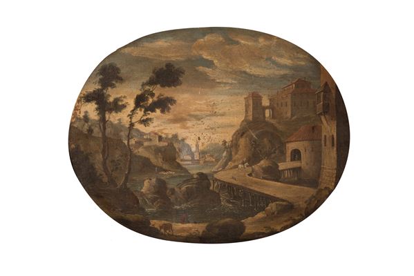 Pittore del centro Italia della seconda met&#224; del XVIII secolo - Dipinto ovale raffigurante paesaggio fluviale entro antica cornice
