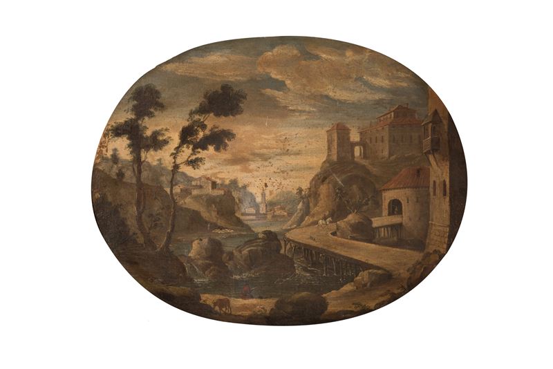 Dipinto ovale raffigurante paesaggio fluviale entro antica cornice