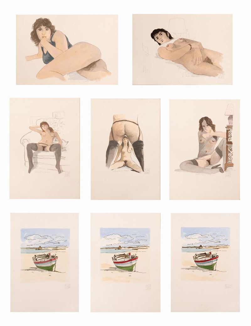 Aldo Riso - Lotto di 8 Serigrafie: 5 Nudi e 3 Marine