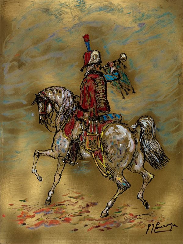 Giovan Francesco Gonzaga : Ussaro a cavallo  - Olio su ottone su base serigrafica - Auction Modern and Contemporary Art - Gliubich Casa d'Aste