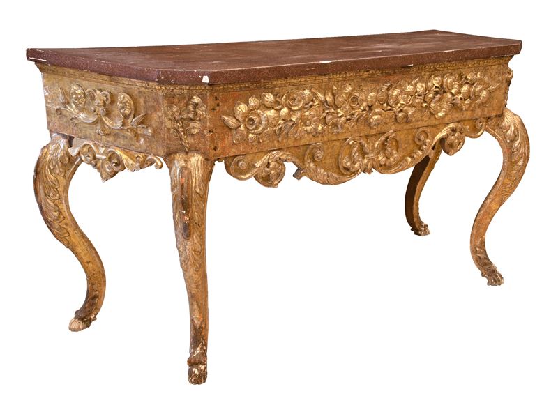 Consolle siciliana Luigi XV in legno dorato con piano in finto porfido