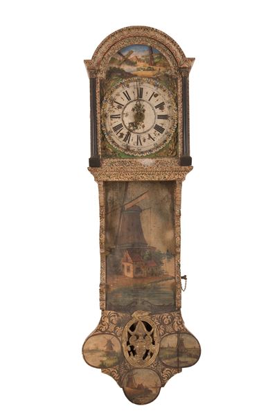 Orologio Olandese da Muro in Legno Dipinto a Motivi Vegetali