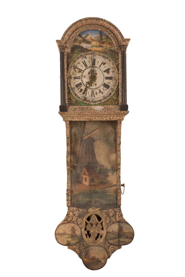 Orologio olandese da muro in legno dipinto a motivi vegetali 