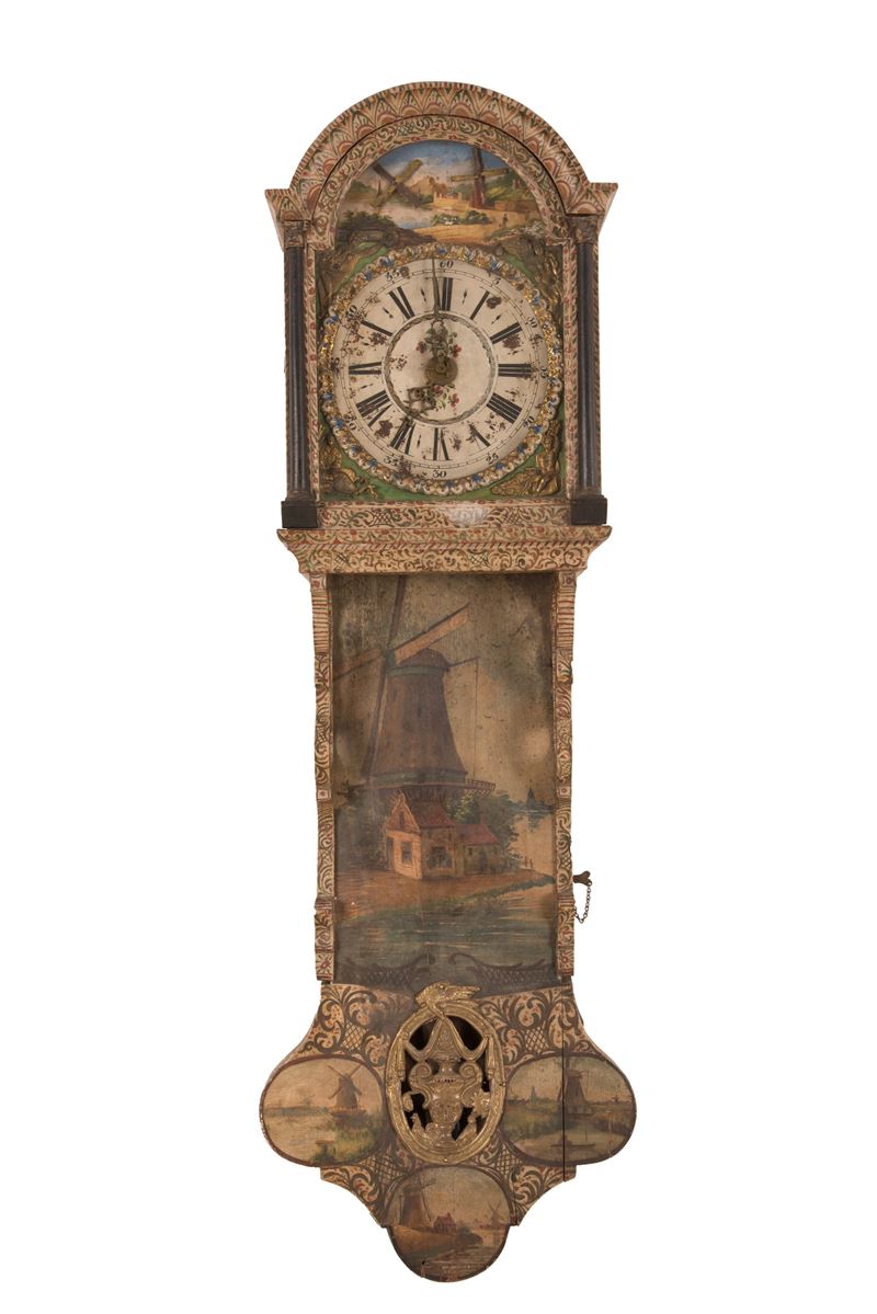 Orologio Olandese da Muro in Legno Dipinto a Motivi Vegetali