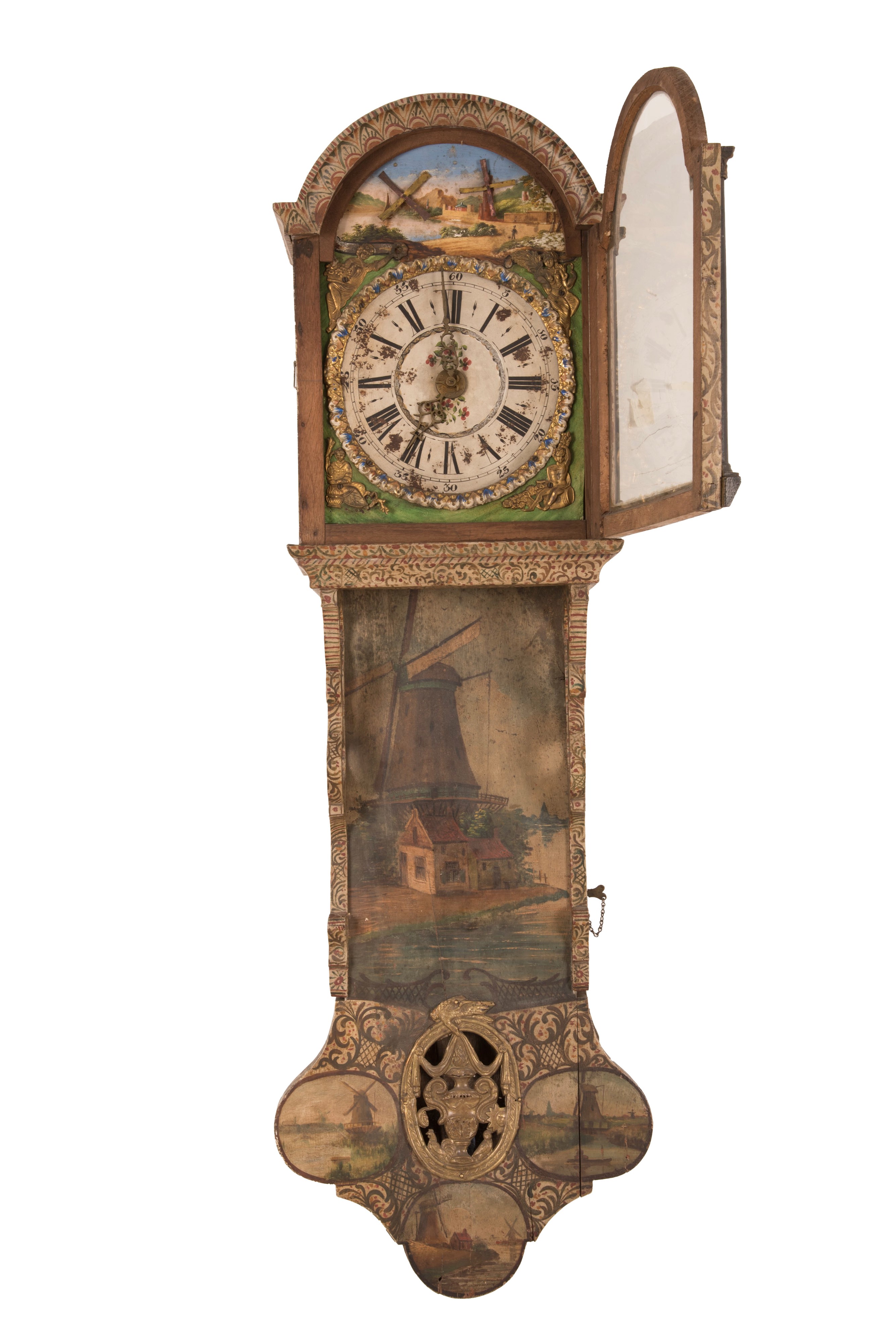 Orologio Olandese da Muro in Legno Dipinto a Motivi Vegetali