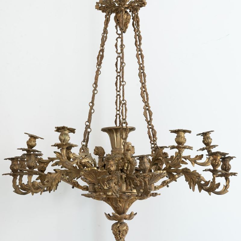 Lampadario in Bronzo Dorato a 18 Luci Stile Luigi XV