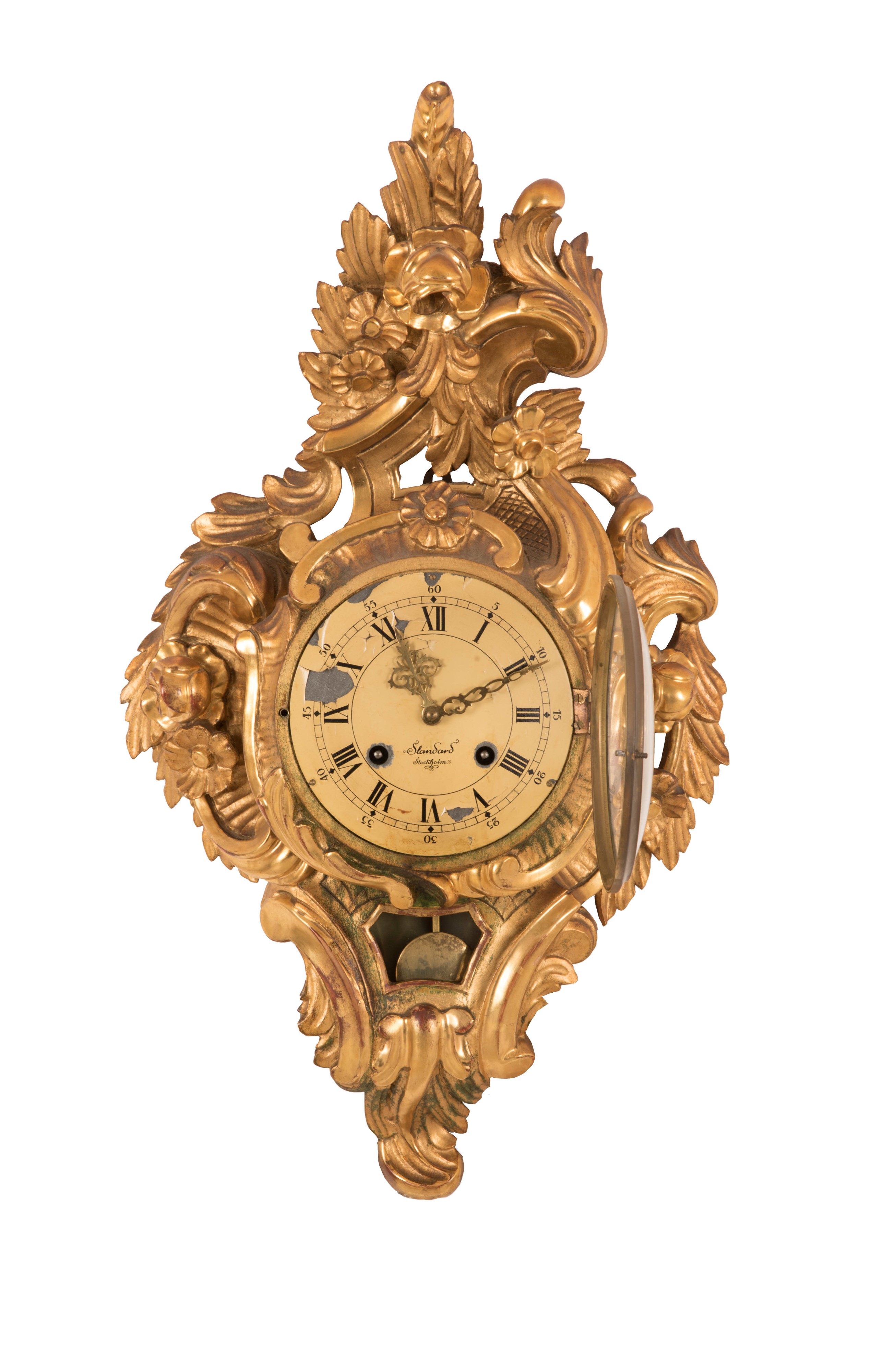 Orologio Cartel in Legno Dorato Decorato a Motivi Vegetali e Floreali
