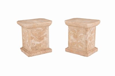 Due Basi Rettangolari in Travertino Decorati con Bassorilievi a Motivi Vegetali